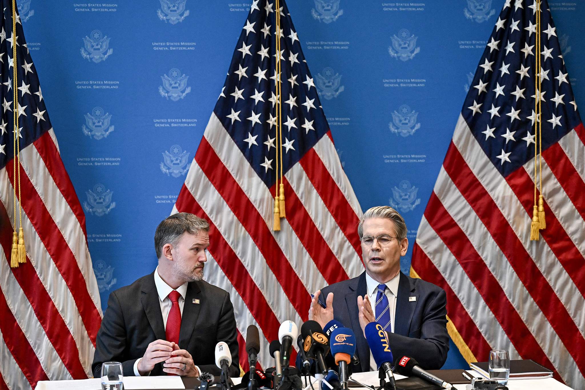 US Treasury Secretary Scott Bessent (R) and US Trade Representative Jamieson Greer attend a press conference in Geneva, Switzerland, May 12, 2025, after two days of closed-door talks with Chinese officials. /VCG