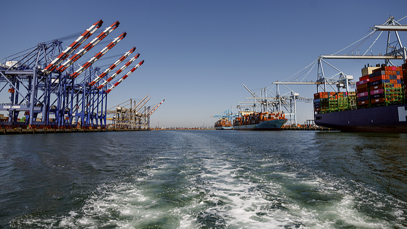 Cargo is loaded onto container ships on the right while the normally bustling berths sit empty at the Port of Los Angeles in Los Angeles, California, U.S., May 9, 2025. /VCG