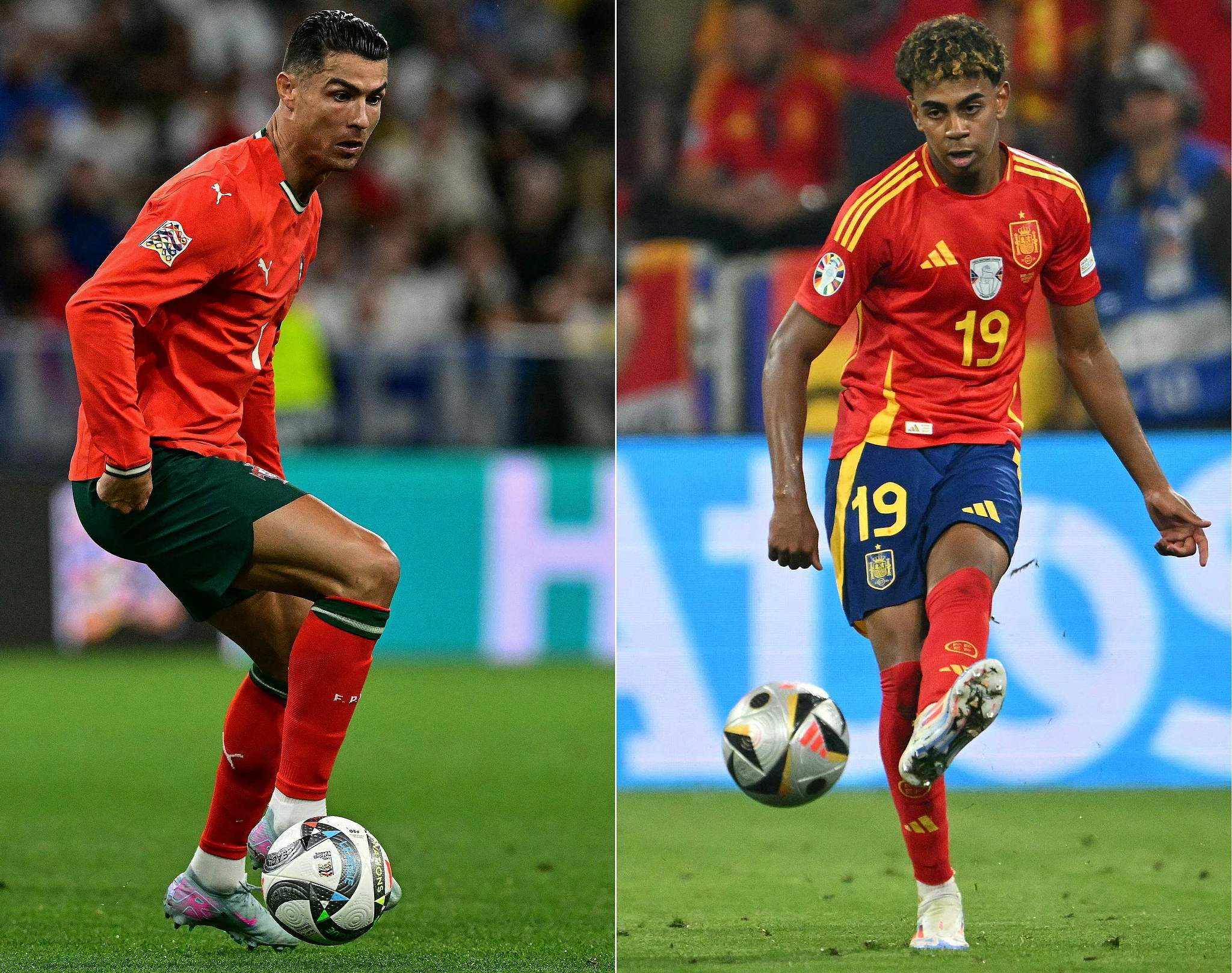 Cristiano Ronaldo (L) of Portugal and Lamine Yamal of Spain. /VCG